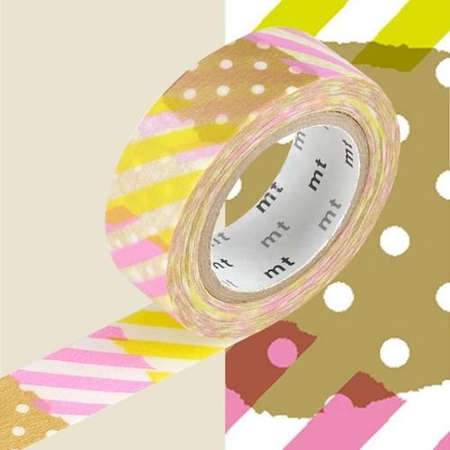 Masking Tape À Pois Et Rayures - Rose Et Jaune - 1,5 Cm X 7 M