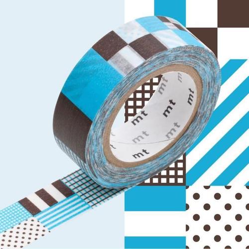 Masking Tape Rayé Carrés Bleu Et Noir - 1,5 Cm X 7 M