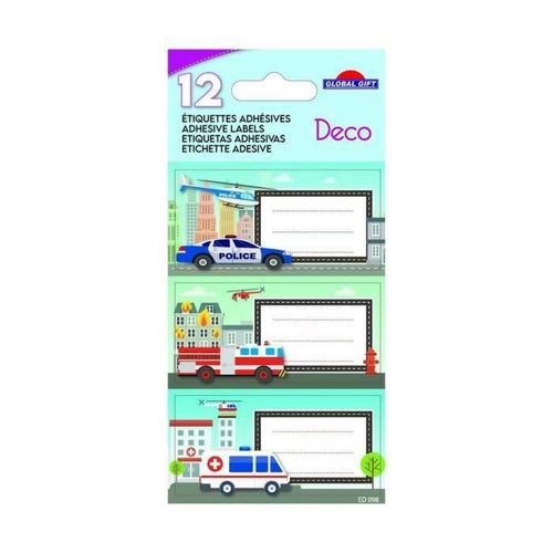 12 Étiquettes Adhésives Scolaires - Rectangle - Voiture De Police, Camion De Pompier