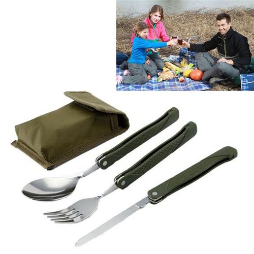 Vaisselle De Pique-Nique De Camping 3 Pièces/Ensemble, Couverts Pliants Multifonctions En Acier Inoxydable, Vert Armée Avec Pochette De Cuisine