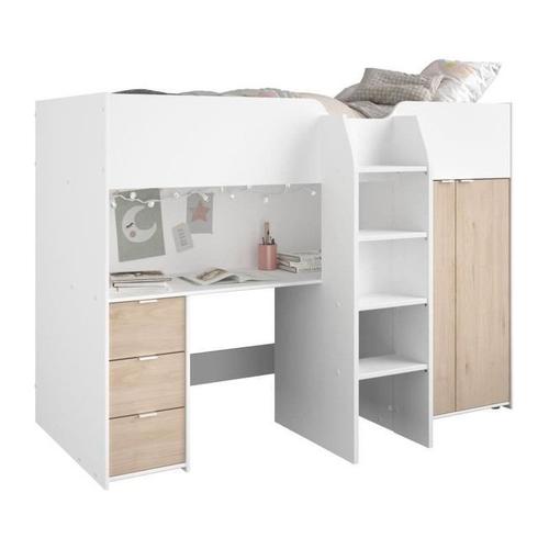 Lit Combine Mezzanine Enfant - Decor Blanc Et Chene - Sommier Inclus - 90x200 Cm - Tom