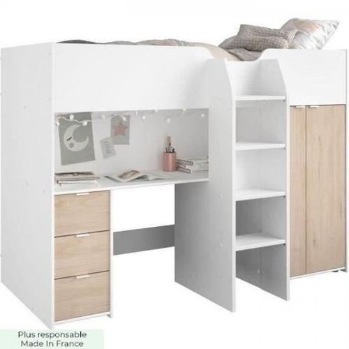 Lit Combiné Mezzanine Enfant - Tom - Blanc Et Chene - Armoire, Bureau Et Sommier Inclus