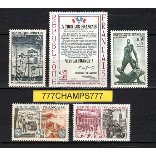 20 Ème Anniversaire De La Libération. Déportation, Affiche, Débarquement, Libération De Paris Et De Strasbourg, Résistance. 1964. Y & T 1407, 1408, 1409, 1410, 1411