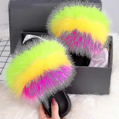 Pantoufles De Fourrure D¿Été Moelleux Mignon Peluches Dames Tongs Luxe Charmante Sandales