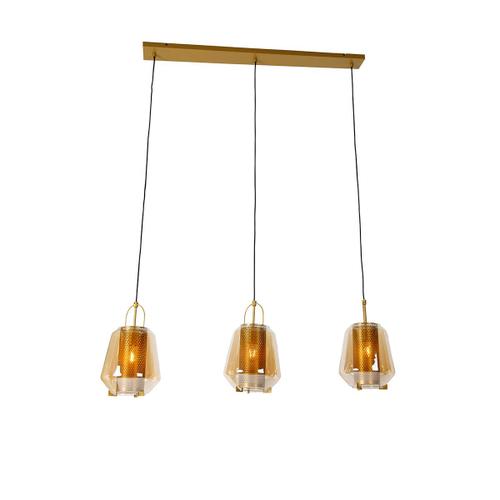 Qazqa Art Deco Suspension / Lustre / Luminaire / Lumiere / Éclairage Or / Dorée / D'or Avec Verre Ambré 23 Cm Oblong 3 Lumières - Kevin /Acier Doré/Laiton,Orange Oblongue / Intérieur / Salon...