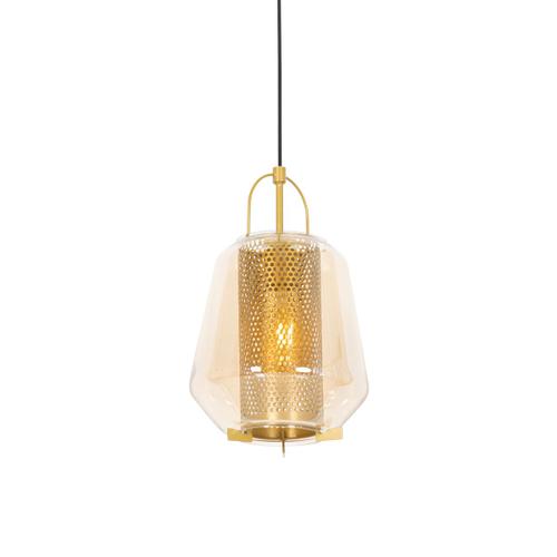 Qazqa Art Deco Suspension / Lustre / Luminaire / Lumiere / Éclairage Art Déco Or / Dorée / D'or Avec Verre Ambré 23 Cm - Kevin /Acier Orange,Doré/Laiton Rond / Intérieur / Salon / Cuisine...