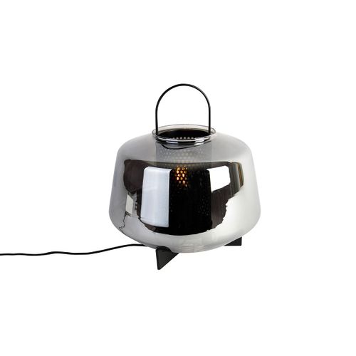 Qazqa Art Deco Lampe De Table / Lampe Á Poser / Luminaire / Lumiere / Éclairage Art Déco Noire Avec Verre Fumé 30 Cm - Kevin /Acier Gris,Noir Rond / Intérieur / Salon E27 Max. 1 X 40 Watt