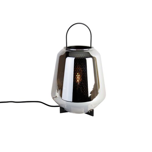 Qazqa Art Deco Lampe De Table / Lampe Á Poser / Luminaire / Lumiere / Éclairage Art Déco Noire Avec Verre Fumé 23 Cm - Kevin /Acier Gris,Noir Rond / Intérieur / Salon E27 Max. 1 X 40 Watt