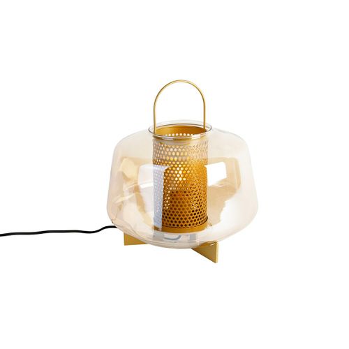 Qazqa Art Deco Lampe De Table / Lampe Á Poser / Luminaire / Lumiere / Éclairage Art Déco Or / Dorée / D'or Avec Verre Ambré 30 Cm - Kevin /Acier Doré/Laiton,Orange Rond / Intérieur / Salon...