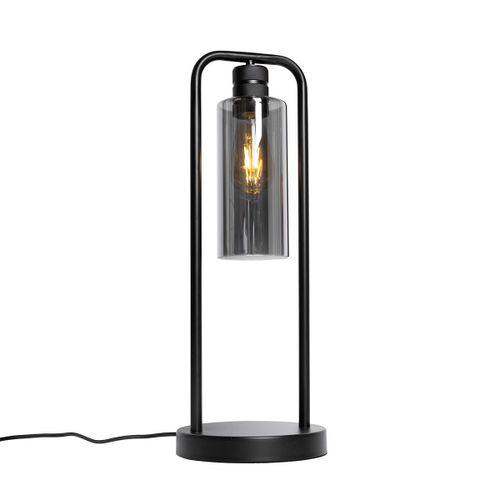 Qazqa Moderne Lampe De Table / Lampe Á Poser / Luminaire / Lumiere / Éclairage Moderne Noire Avec Verre Fumé - Stavelot Acier / Noir,Gris Oblongue / Intérieur / Salon E27 Max. 1 X 40 Watt