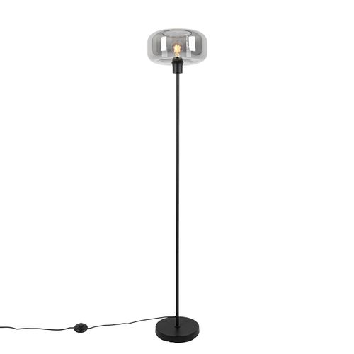 Qazqa Art Deco Art Deco Vloerlamp Zwart Met Smoke Glas - Bizle Verre /Acier Gris,Noir Rond / Luminaire / Lumiere / Éclairage / Intérieur / Salon E27 Max. 1 X 25 Watt