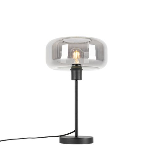 Qazqa Art Deco Art Deco Tafellamp Zwart Met Smoke Glas - Bizle Verre /Acier Gris,Noir Rond / Luminaire / Lumiere / Éclairage / Intérieur / Salon E27 Max. 1 X 25 Watt