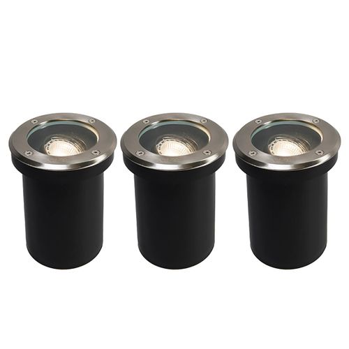 Qazqa Moderne Set Van 3 Buiten Grondspots Staal Verstelbaar Ip65 - Delux Acier Inoxydable /Verre /Plastique Acier Rond / Extérieur / Jardin / Luminaire / Lumiere / Éclairage / Intérieur Gu10...