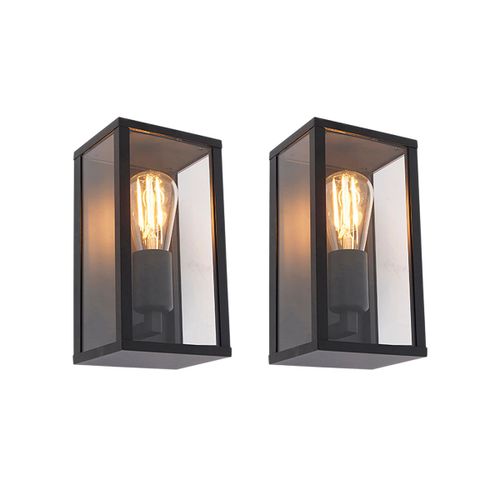 Qazqa Industriel Set Van 2 Industriële Wandlampen Zwart 26 Cm Ip44 - Charlois Aluminium /Verre Noir,Transparent Rectangulaire / Extérieur / Jardin / Luminaire / Lumiere / Éclairage E27 Max....