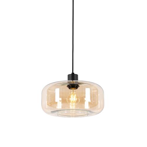 Qazqa Art Deco Art Deco Hanglamp Zwart Met Amber Glas - Bizle Verre /Acier Beige,Noir Rond / Luminaire / Lumiere / Éclairage / Intérieur / Salon / Cuisine E27 Max. 1 X 25 Watt