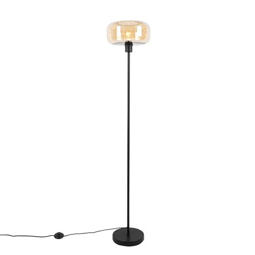 Qazqa Art Deco Art Deco Vloerlamp Zwart Met Amber Glas - Bizle Verre /Acier Beige,Noir Rond / Luminaire / Lumiere / Éclairage / Intérieur / Salon E27 Max. 1 X 25 Watt