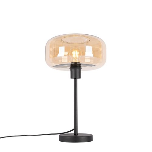 Qazqa Art Deco Art Deco Tafellamp Zwart Met Amber Glas - Bizle Verre /Acier Beige,Noir Rond / Luminaire / Lumiere / Éclairage / Intérieur / Salon E27 Max. 1 X 25 Watt