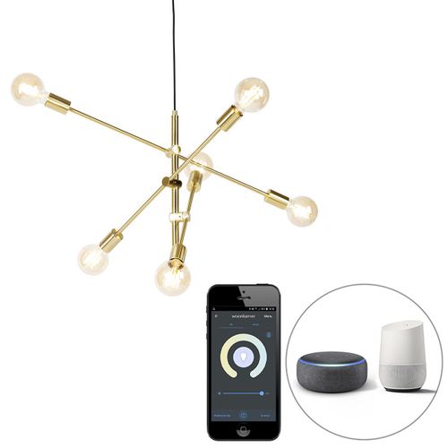 Qazqa Rétro /Design Smart Hanglamp Mat Messing 6-Lichts Incl. Wifi G95 - Sydney Acier Doré/Laiton Autres / Luminaire / Lumiere / Éclairage / Intérieur / Salon / Cuisine E27 Max. 1 X 7 Watt