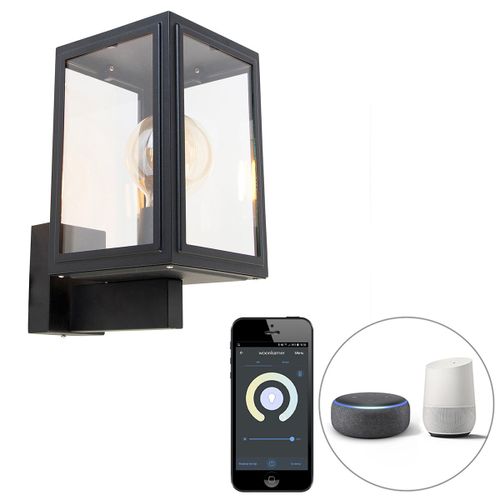 Qazqa Industriel Smart Landelijke Wandlamp Zwart Incl. Wifi G95 - Sutton Up Acier Inoxydable /Verre Noir Cube /Carré / Éclairage Dessus Dessous / Extérieur / Jardin / Luminaire / Lumiere E27...