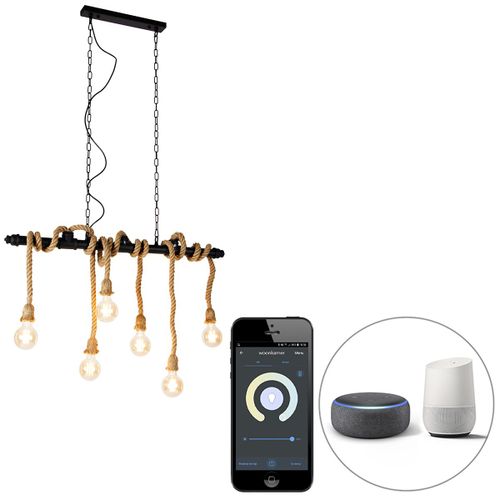 Qazqa Industriel /Rustique Smart Hanglamp Zwart 6-Lichts Incl. Wifi G95 - Plural Acier /Corde Noir,Marron Oblongue /Cylindre / Luminaire / Lumiere / Éclairage / Intérieur / Salon / Cuisine...