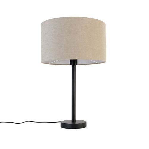 Qazqa Design Lampe De Table / Lampe Á Poser / Luminaire / Lumiere / Éclairage Moderne Noire Avec Abat-Jour Bouclé Marron Clair 35 Cm - Simplo Acier /Tissu Noir,Marron Rond / Intérieur /...