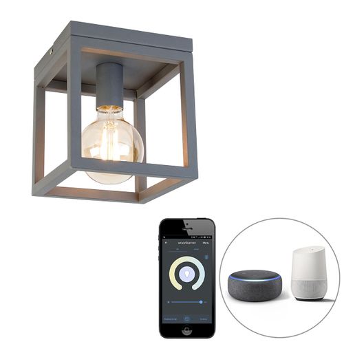 Qazqa Moderne /Design /Industriel Industriële Smart Plafondlamp Donkergrijs Incl. Wifi G95 - Cage Acier Gris Foncé Carré / Luminaire / Lumiere / Éclairage / Intérieur / Salon / Cuisine E27...