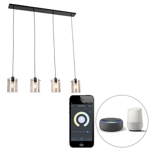 Qazqa Design Smart Hanglamp Zwart Met Smoke Glas 4-Lichts Incl. Wifi St64 - Dome Verre /Acier Noir Oblongue / Luminaire / Lumiere / Éclairage / Intérieur / Salon / Cuisine E27 Max. 4 X 7...