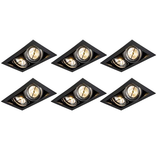 Qazqa Design /Moderne Set Van 6 Inbouwspots Zwart Ar111 Verstelbaar 2-Lichts - Oneon Acier Noir Rectangulaire / Luminaire / Lumiere / Éclairage / Intérieur / Salon / Cuisine G53 Max. 2 X 50...
