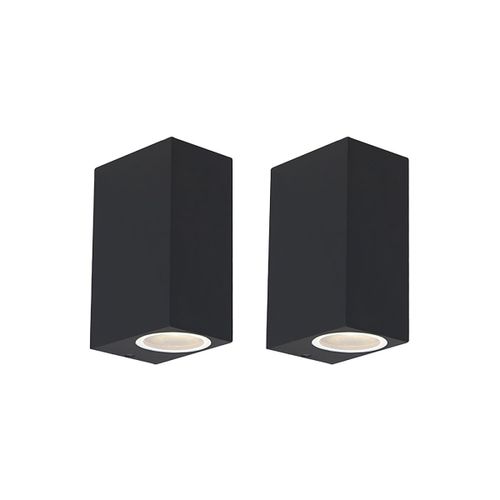 Qazqa Moderne /Design Set Van 2 Moderne Wandlampen Zwart 2-Lichts Ip44 - Baleno Aluminium Noir Rectangulaire / Éclairage Dessus Dessous / Extérieur / Jardin / Luminaire / Lumiere Gu10 Max. X...