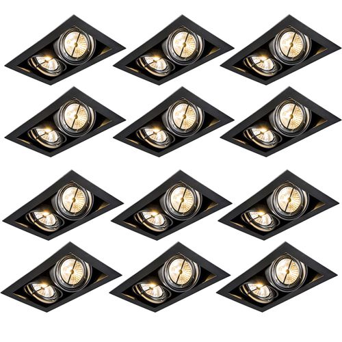 Qazqa Design /Moderne Set Van 12 Inbouwspots Zwart Ar111 Verstelbaar 2-Lichts - Oneon Acier Noir Rectangulaire / Luminaire / Lumiere / Éclairage / Intérieur / Salon / Cuisine G53 Max. 2 X 50...