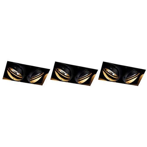 Qazqa Moderne Set Van 3 Inbouwspots Zwart Gu10 Ar111 Trimless 2-Lichts - Oneon Acier Noir Rectangulaire / Luminaire / Lumiere / Éclairage / Intérieur / Salon / Cuisine Gu10 Max. 2 X 50 Watt