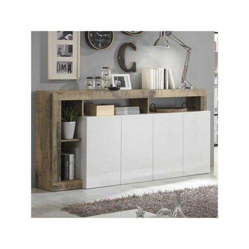 Buffet 4 Portes Blanc Laqué Brillant/Bois Fumé - Ischia