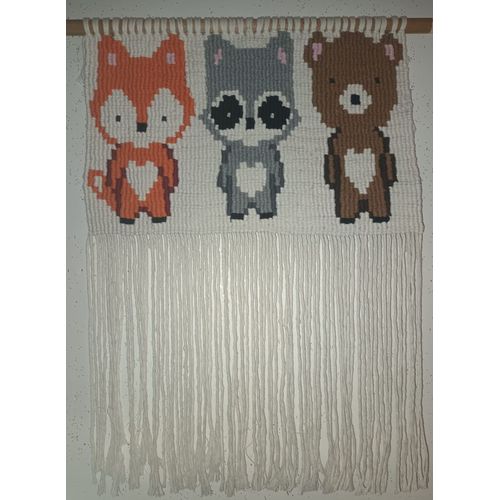 Tenture murale macramé sur bâton renard raton laveur ours Deco chambre bébé