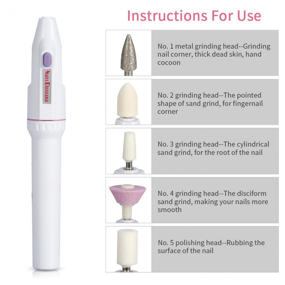Kit De Lime À Ongles Électrique, 5 Pièces, Pour Manucure, Pédicure, Salon, Forme De Stylo, Perceuse À Ongles, Tampons, Outil De Pédicure 