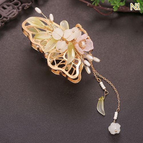 Pince À Cheveux En Métal Style Hanfu Pour Femmes Et Filles, 1 Pièce, Pince À Cheveux Rétro, Fleur Papillon, Pompon Crabe, Griffe En Métal, Perle Requin, Accessoires Pour Cheveux 