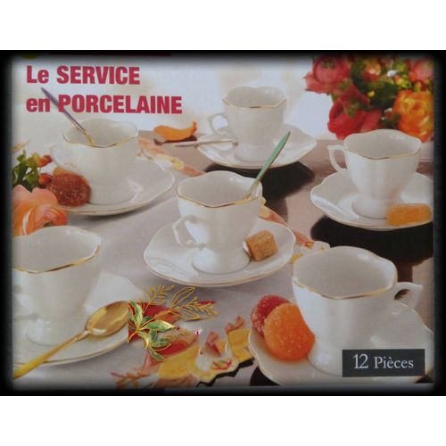 Service À Café 100% Neuf  en Porcelaine - Lot De 6 Tasses a café avec soucoupes sous-Tasses - Tasse Soucoupe Sous-Tasse - Liseré couleur or doré ( cuillère cuillères de présentation non incluses )