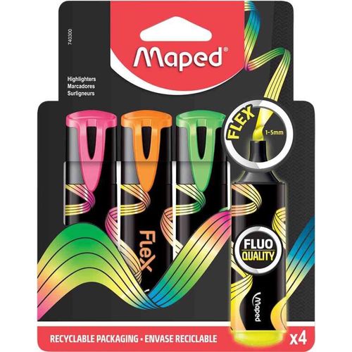 Maped Surligneur Flex, Pointe Flexible, ¿Tui Carton De 4