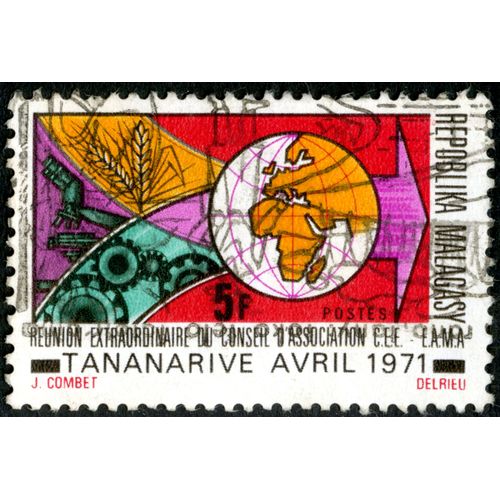 Timbre Oblitéré Repoblika Malagasy, Postes, Réunion Extraordinaire Du Conseil D'association C.E.E. - E.A.M.A., Tananarive Avril 1971, 5 F