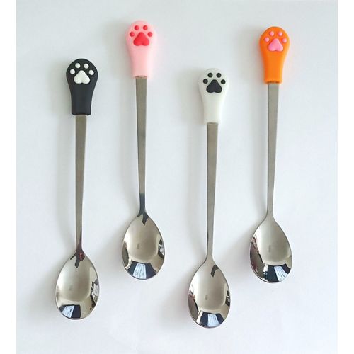 Lot De 4 Cuilleres A Cafe Patte De Chat. Multicolore. 15 Cm