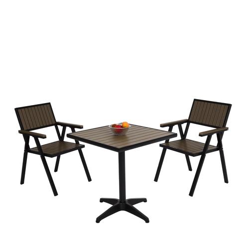 Lot De 2 Chaises De Jardin + Table De Jardin Hwc-J95, Revêtement Gastro Outdoor, Alu Aspect Bois   Noir, Gris