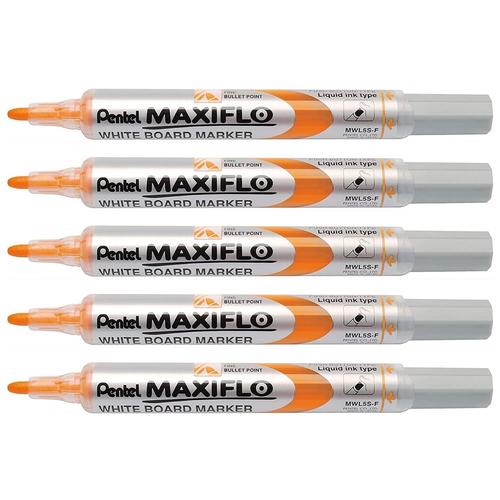 Pentel Lot De 5 Marqueurs Tableaux Blancs Maxiflo, Pointe Conique, 4,0 Mm, Orange