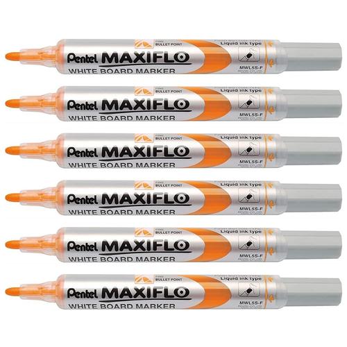 Pentel Lot De 6 Marqueurs Tableaux Blancs Maxiflo, Pointe Conique, 4,0 Mm, Orange