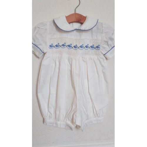 Magnifique Barboteuse Bébé Garçon À Smock Brodée Mains Taille 1 Mois Idée Cadeau