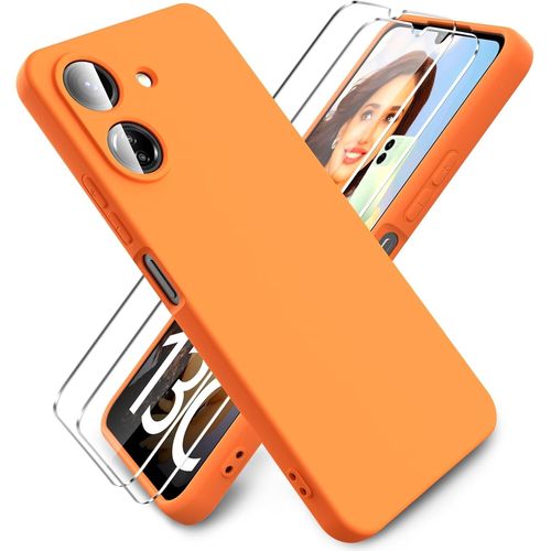 Coque Pour Xiaomi Redmi 13c / Xiaomi Poco C65 Avec 2 Pièces Verre Trempé, [Ultra Mince] Étui Souple De Silicone, Intérieur Microfibre, Housse Anti Rayures - Orange