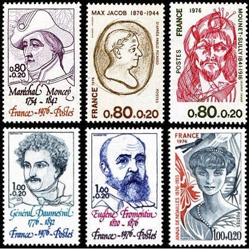 France 1976, Très Belle Série Neuve** Luxe Timbres Yvert 1880 Maréchal Moncey,1881 Max Jacob, 1882 Moulet-Sully, 1896 Général Daumesnil, 1897 Eugène Fromentin, 1898 Anna De Noailles.