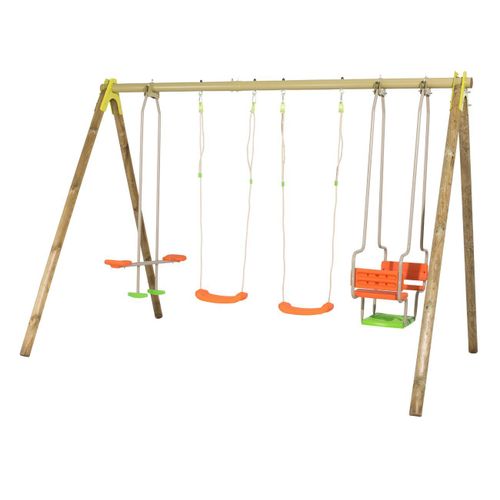 Trigano Portique Bois/Métal Senora 2,30m - 1 Face À Face + 2 Balançoires + 1 Nacelle