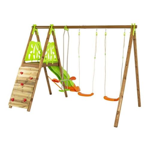 Trigano Portique Churro Techwood - 1 Plateforme + 3 Agrès + Mur D'escalade + Toboggan