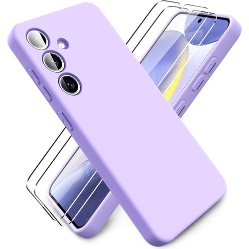 Coque Pour Samsung Galaxy S24, Avec 2 Pièces Protecteur D'écran En Verre Trempé, Housse Silicone Souple Ultra-Mince De Couleur Pure, Coque En Caoutchouc Antichoc - Helles Lila