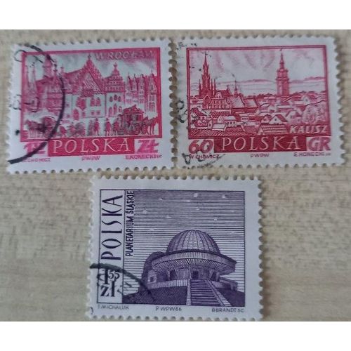 3 Timbres Oblitérés Polska Consacrés À Des Monuments De Respectivement, 60 Groszy Et 1,35 Et 1,55 Zloty.