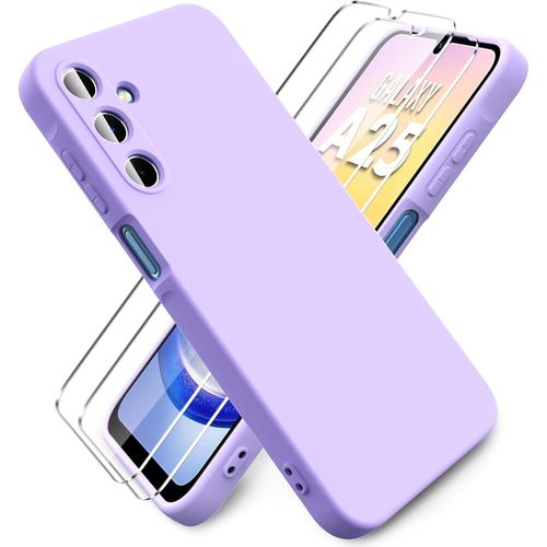 Coque Pour Samsung Galaxy A25 5g, Avec 2 Pièces Protecteur D'écran En Verre Trempé, Housse Silicone Souple Ultra-Mince De Couleur Pure, Coque En Caoutchouc Antichoc - Helles Lila